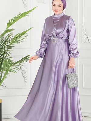 Lila Kemerli Saten Abiye Elbise