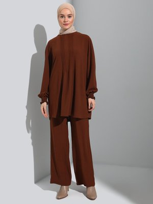 Kahverengi Nervür Detaylı Aerobin Tunik & Pantolon İkili Takım