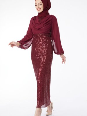 Bordo Kolları Şifon Payetli Abiye Elbise Bordo Kolları Şifon Payetli Abiye Elbise