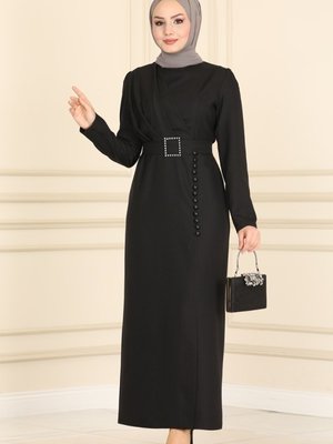 Siyah Aksesuar Düğmeli Krep Elbise