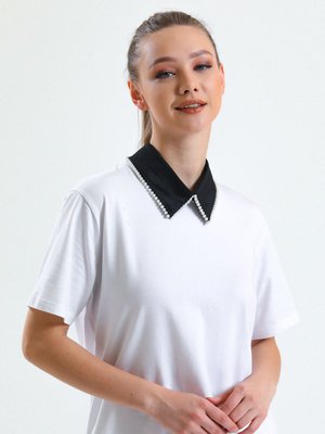 Siyah Beyaz İncili Tek Yaka