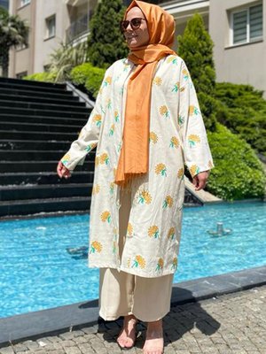 Ekru Safran Jakarlı Kimono