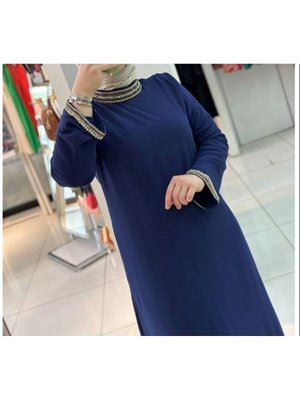 Yakası Ve Kol Ucu Taş Detaylı Şifon Qys Elbise #23 08#