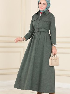 Nefti Yeşili Yarım Düğmeli Kışlık Elbise