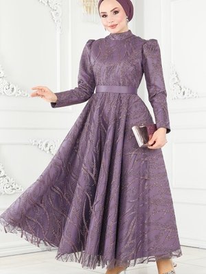 Lila İşlemeli Abiye Elbise