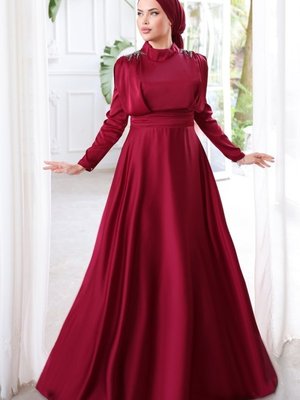 Bordo Sual Beli Drapeli Saten Abiye Elbise Bordo Sual Beli Drapeli Saten Abiye Elbise