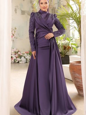 Lila Taş İşlemeli Saten Abiye Elbise