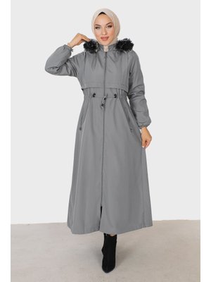 Gri Tam Boy Pat Detaylı Mont
