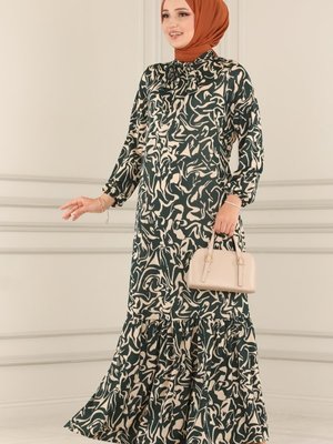 Desen 1 Zümrüt Fular Yakalı Helen Elbise