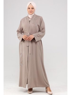 Abaya Bej Nakışlı Taşlı Yazlık Ferace