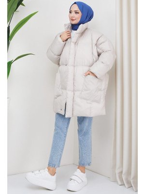 Ekru Oversize Torba Cep Şişme Mont