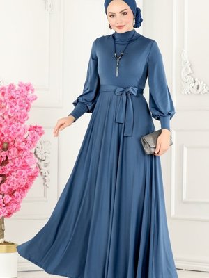 İndigo Balon Kollu Sandy Elbise