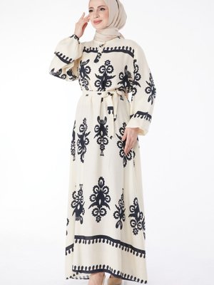 Düz Hakim Yaka Krem Desenli Renkli Elbise Düz Hakim Yaka Krem Desenli Renkli Elbise