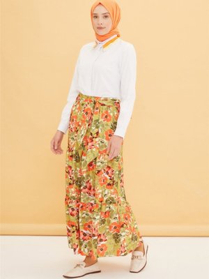 Fırfır Detaylı Kemerli Baskılı Etek Yeşil