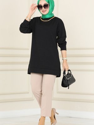 Siyah Yakası Zincir Detaylı Tunik