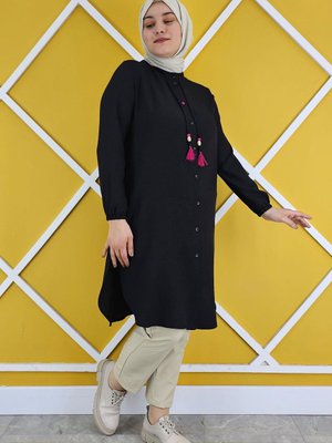 Kadın Düğme Ve Püskül Detaylı Keten Tesettür G��mlek