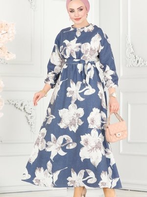 İndigo Çiçek Desenli Keten Elbise