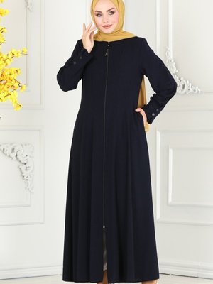 Lacivert Önden Fermuarlı Krep Ferace