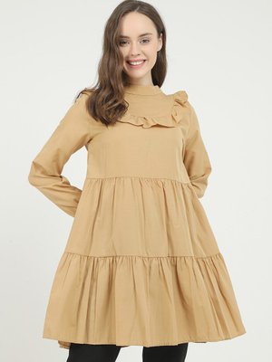 Camel Göğsü Fırfırlı Tunik