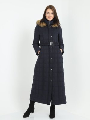 Lacivert Kare Desenli Tam Boy Kapitone Kaban Mont