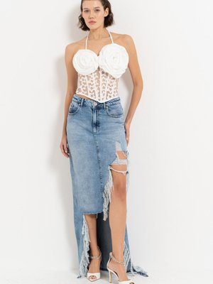 Mavi Yırtıklı Uzun Kot Etek