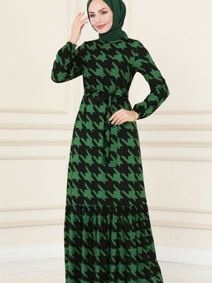 Siyah & Benetton Yeşili Eteği Fırfırlı Desenli Elbise