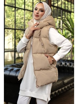 Bej Yüsra Kapüşonlu Şişme Yelek