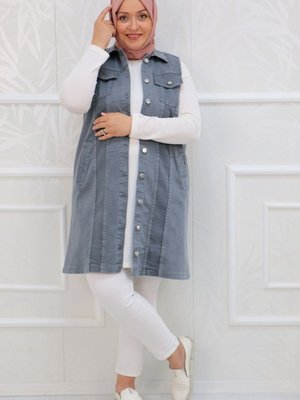 Büyük Beden Düğmeli Kot Yelek Gri