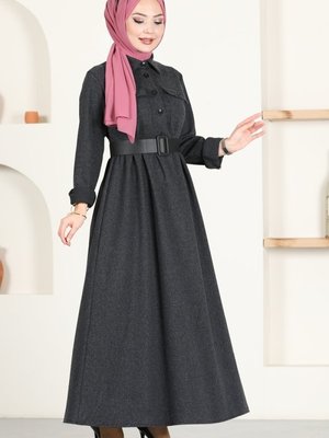 Antrasit Deri Kemerli Balıksırtı Elbise Antrasit Deri Kemerli Balıksırtı Elbise