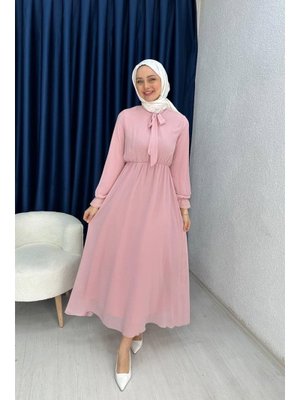 Pudra Yakası Bağlama Detaylı Şifon Elbise
