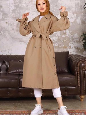 Kahve (camel) Kuşaklı Düğme Detaylı Trençkot T Kahve (camel) Kuşaklı Düğme Detaylı Trençkot T