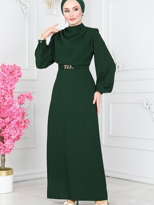 Zümrüt Degaje Yaka Kemerli Elbise