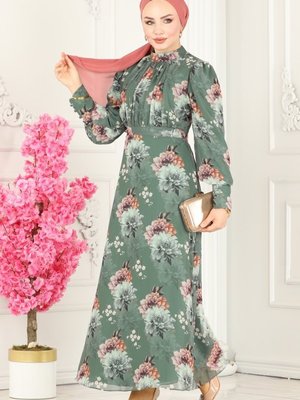 Mint Çiçek Desenli Şifon Elbise