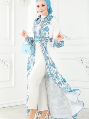 Mavi Çiçek Desenli Atlas Elbise