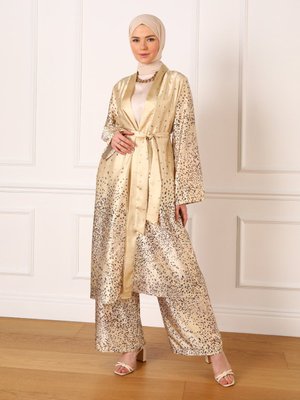 Degrade Puan Desenli Saten Takım Bej