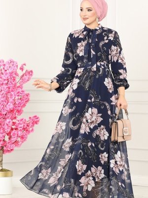 Lacivert Fular Yakalı Şifon Elbise