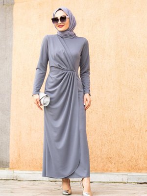 Bel Drape Pileli Özel Gün Elbisesi Gri Bel Drape Pileli Özel Gün Elbisesi Gri