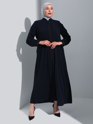 Lacivert Büyük Beden Gizli Fermuarlı Sim Detaylı Ferace