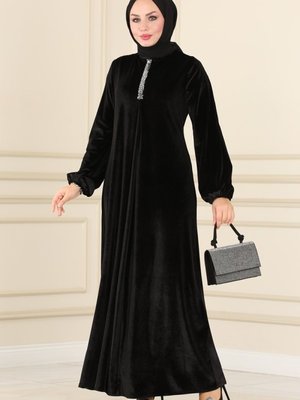 Siyah A Pileli Kadife Elbise