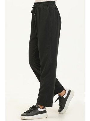 Siyah Beli Lastikli Cepli Keten Pantolon