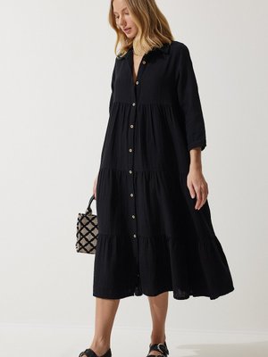 Siyah Müslin Kloş Gömlek Elbise