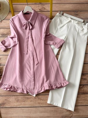 Kombin Kurdela Fırfır Detaylı Tunik Ve Pantolon Pudra