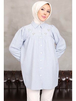 Mavi Taşlı Çizgili Gofre Tunik