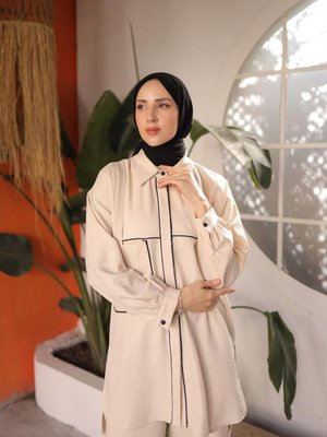 Krem Biye Detaylı Pantolon Gömlek Takım