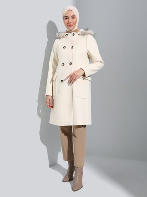 Ekru Kapüşonu Kürklü Torba Cepli Kruvaze Kaban