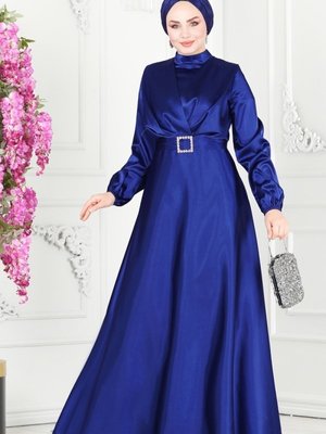 Saks Kemerli Saten Abiye Elbise