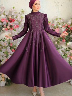 Mürdüm Taş İşlemeli Saten Abiye Elbise