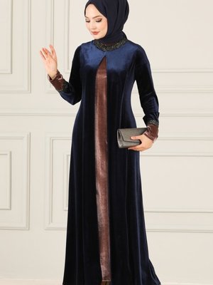 Lacivert Pul Detaylı Kadife Elbise