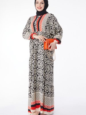 Düz Hakim Yaka Ekru Desenli Düğmeli Elbise Düz Hakim Yaka Ekru Desenli Düğmeli Elbise