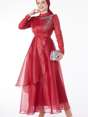 Düz Hakim Yaka Bordo Işıltılı Taş Detaylı Abiye Elbise Düz Hakim Yaka Bordo Işıltılı Taş Detaylı Abiye Elbise